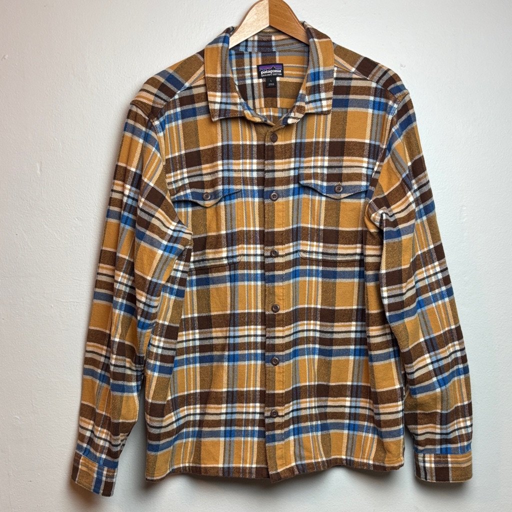 Patagonia Men’s Large Fjord Flannel Shirt Long Sleeve Pufferfish Gold Plaid